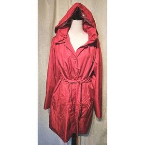 Dennis By Dennis Basso Midi Red Ruffled Button Hooded Rain Coat Jacket Size XL